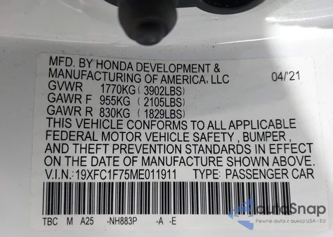 2021 Honda Civic Ex-L z USA, uszkodzony, nr VIN 19XFC1F75ME011911